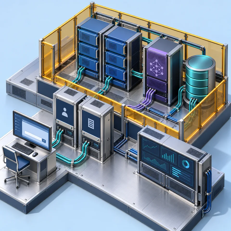 Connected container services sit inside a defined platform boundary with a gateway and identity checkpoint.