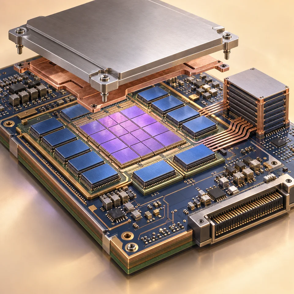 An exploded conceptual accelerator reveals memory modules, interconnects and a central compute array.