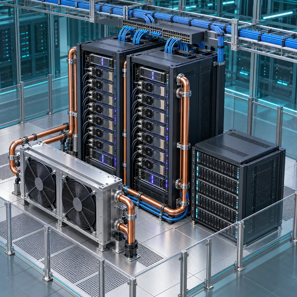 GPU racks connect to a network, storage array and copper cooling loop in a detailed data-center cutaway.