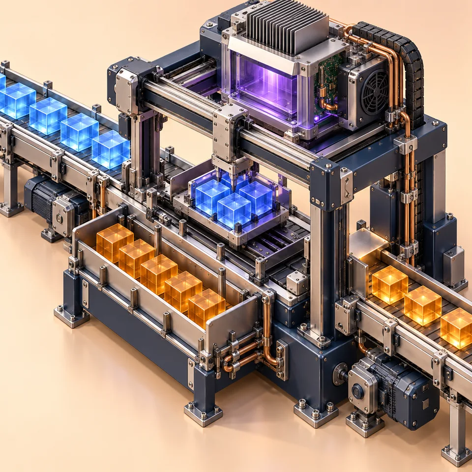 Blue request tiles wait on a conveyor, enter a violet processing machine in a group and leave as outputs.