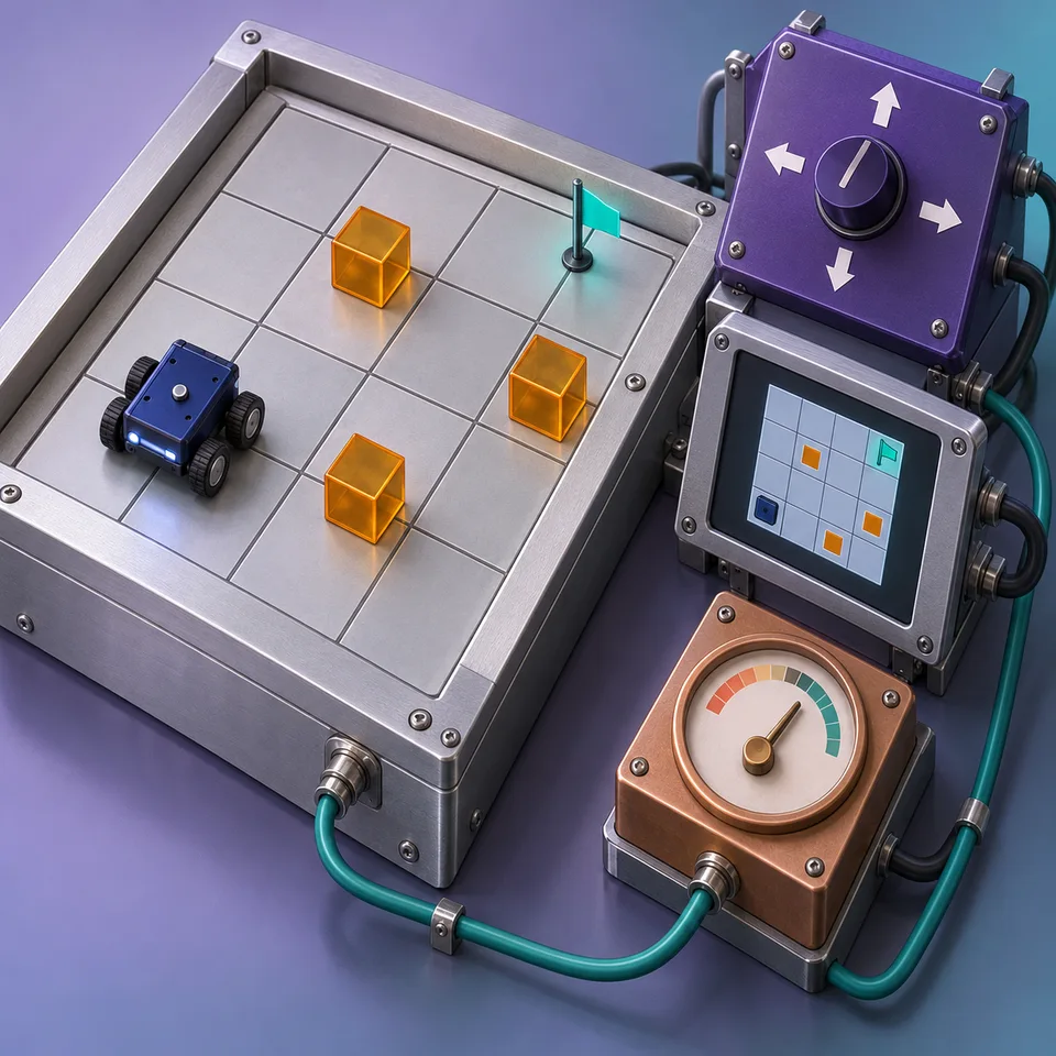 A small agent navigates an obstacle grid connected to a policy selector and a reward-feedback instrument.