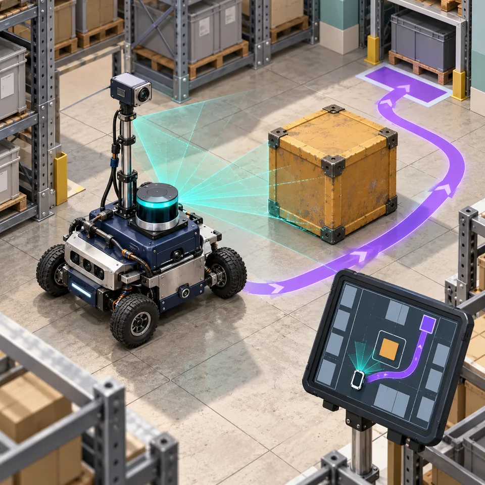 A wheeled warehouse robot senses an obstacle and follows a marked route toward its destination.